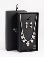 Silver Diamond Simulant Flower Necklace & Earrings Set