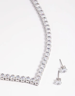 Rhodium Diamond Simulant Square Necklace & Earrings Set