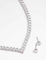 Rhodium Diamond Simulant Square Necklace & Earrings Set