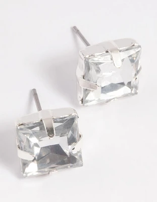 Silver Diamante Square Stud Earrings