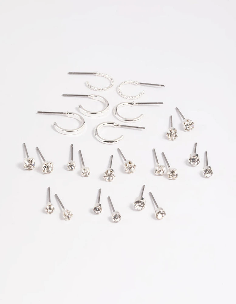 Silver Diamante Stud & Hoop Earring 12-Pack