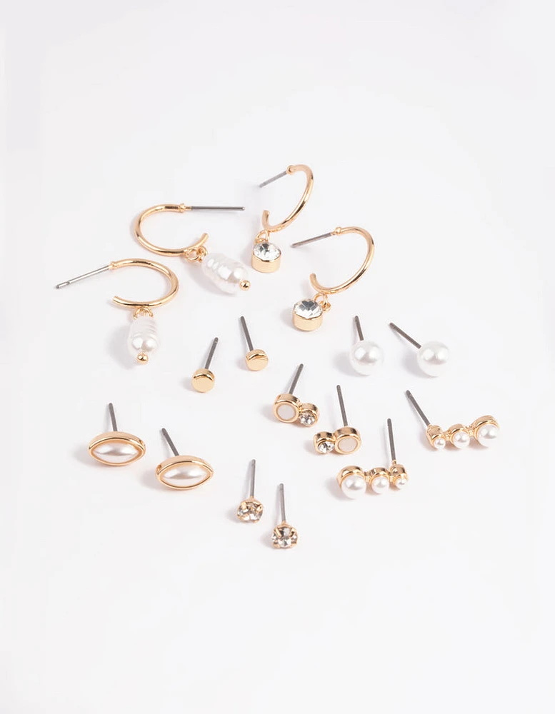 Gold Mixed Pearl Stud & Huggie Hoop Earring 8-Pack