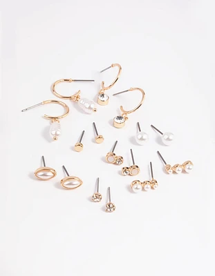 Gold Mixed Pearl Stud & Huggie Hoop Earring 8-Pack