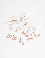 Gold Mixed Pearl Stud & Huggie Hoop Earring 8-Pack