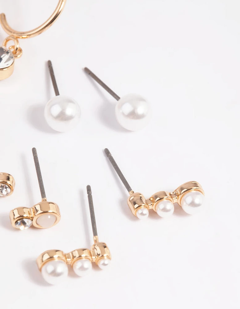 Gold Mixed Pearl Stud & Huggie Hoop Earring 8-Pack