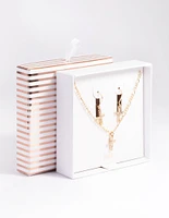 Gold Diamond Cross Earrings & Necklaces Giftbox