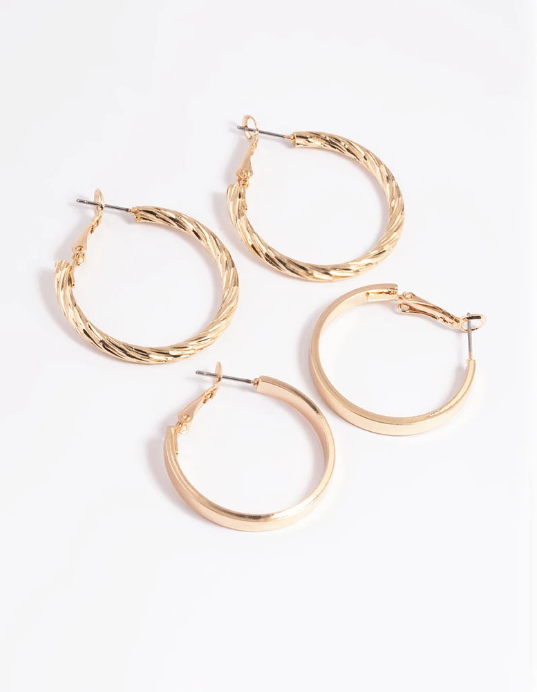 Gold Wide Textured Hoop Earring Set