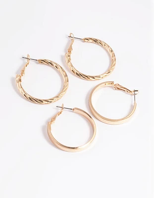 Gold Wide Textured Hoop Earring Set