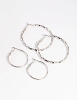 Rhodium Plain Text Hoop Earring Set