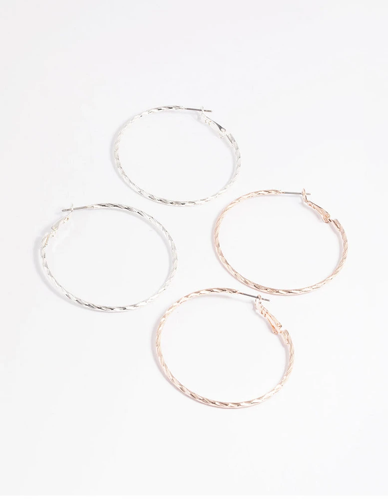 Mixed Metal Textured Hoop Earring Set