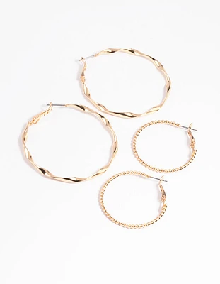 Gold Twisted Ribbon Hoop Earring Set