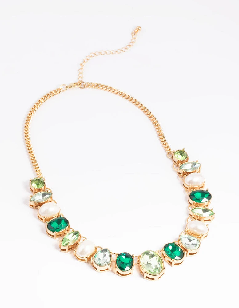 Green Stone & Pearl Collar Necklace