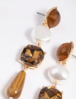 Brown Pearl & Diamante Mixed Drop Earrings