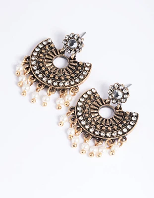 Antique Gold Diamante & Pearl Vintage Drop Earrings