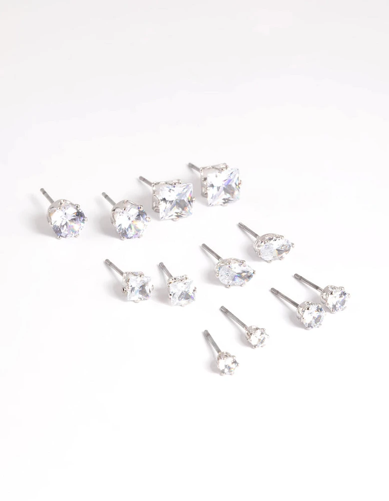 Silver Diamond Simulant Stud Earring 6-Pack