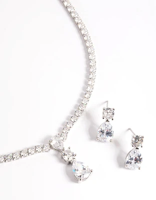 Silver Diamond Simulant Necklace & Earrings Set