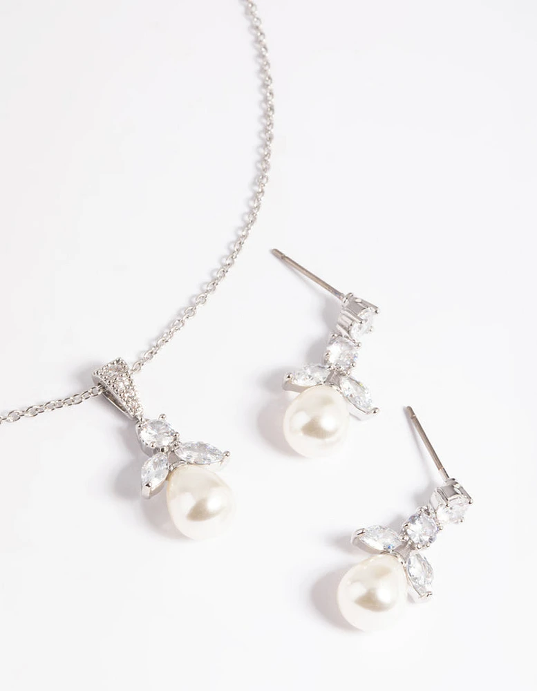 Rhodium Diamond Simulant Flower Pearl Necklace & Earrings Set