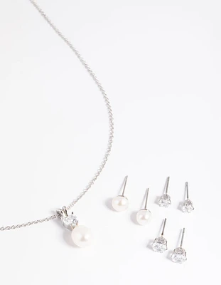 Rhodium Diamond Simulant Freshwater Pearl Necklace & Earrings Set