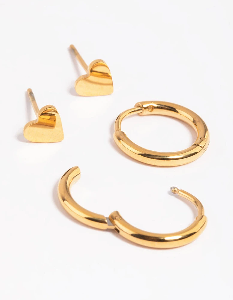 Gold Plated Surgical Steel Heart Stud Earring Set