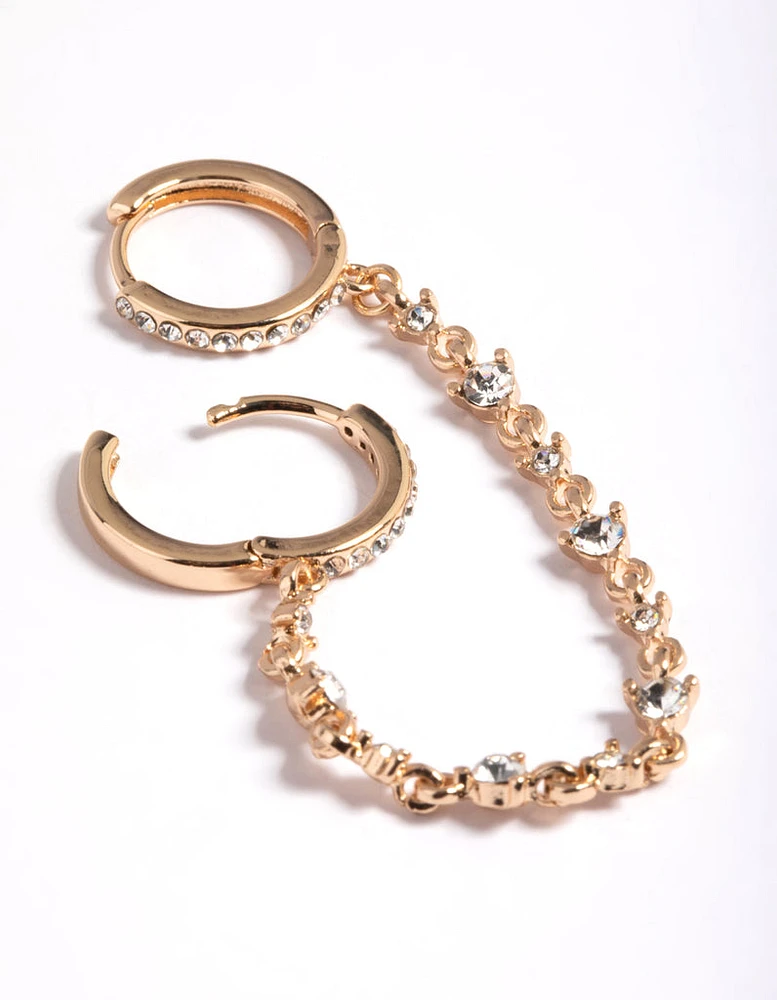 Gold Cubic Zirconia Statement Chain Huggie Hoop Earrings