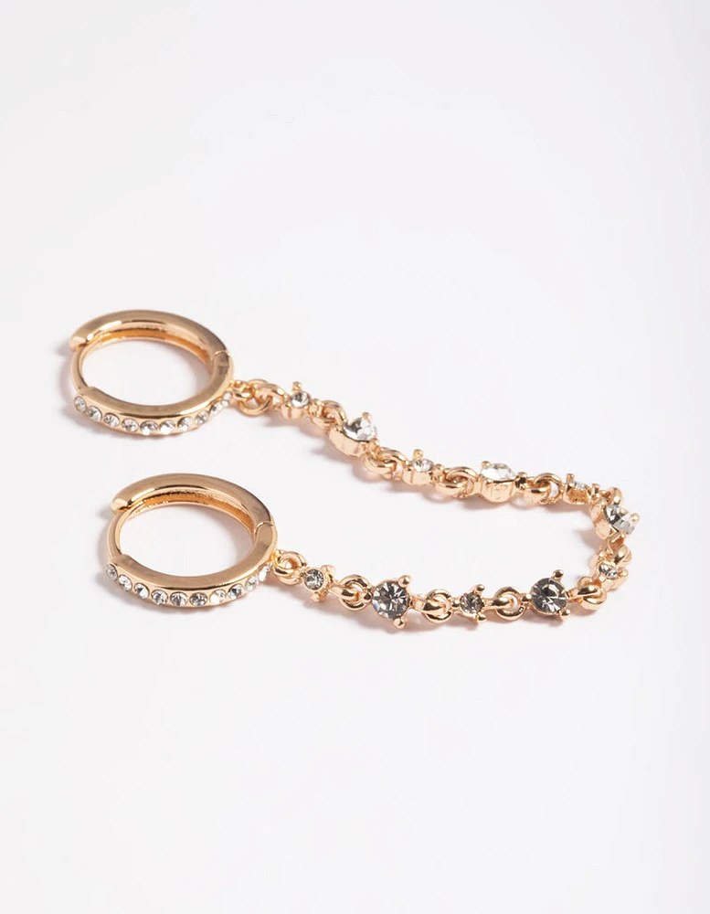 Gold Cubic Zirconia Statement Chain Huggie Hoop Earrings