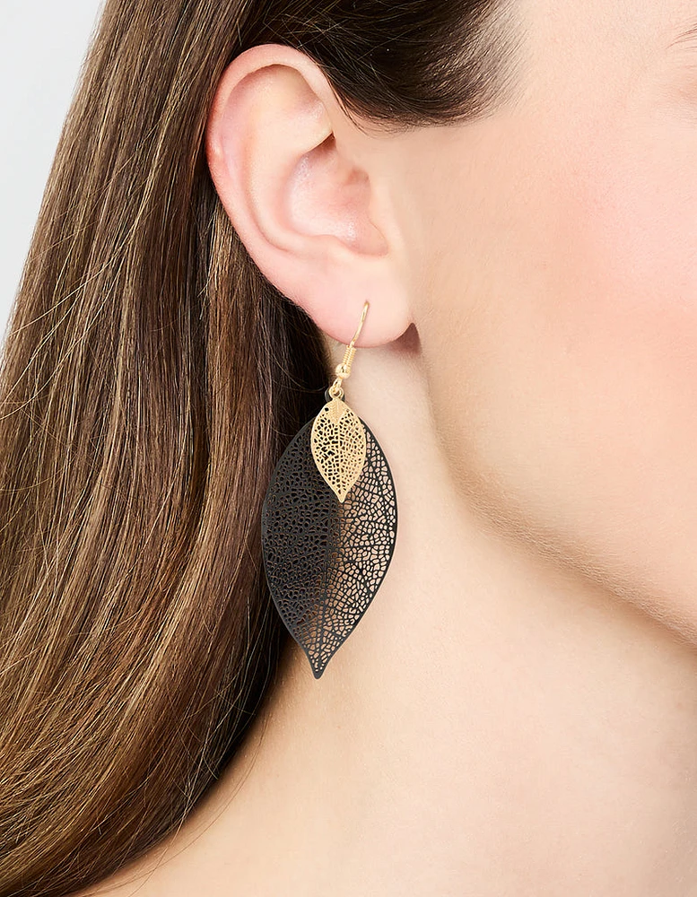 Black Double Leaf Drop Earrings