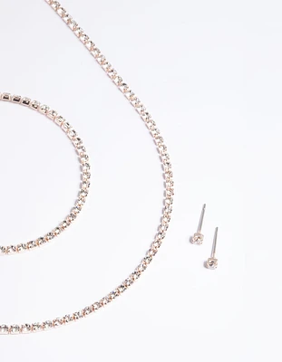 Rose Gold Diamante Necklace Bracelet & Earrings Set