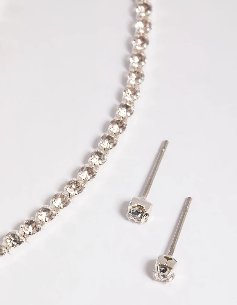 Silver Diamante Necklace Bracelet & Earrings Set