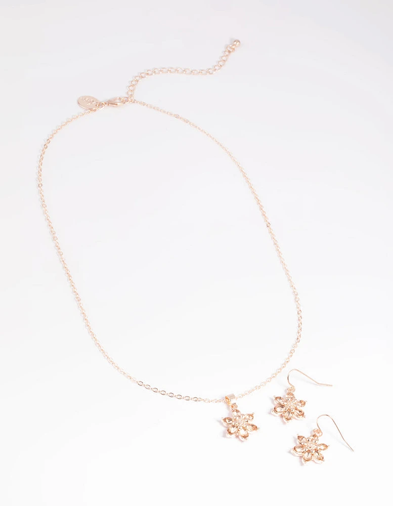 Pink Diamante Flower Necklace & Earrings Set