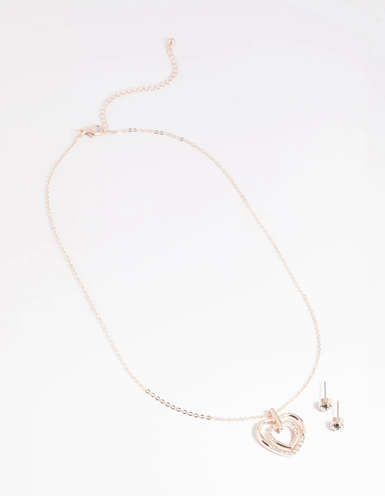 Rose Gold Heart Necklace & Earrings Set