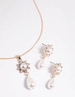 Rose Gold Pearl Flower Necklace & Earrings Set