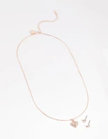 Rose Gold Pave Heart Necklace & Earrings Set