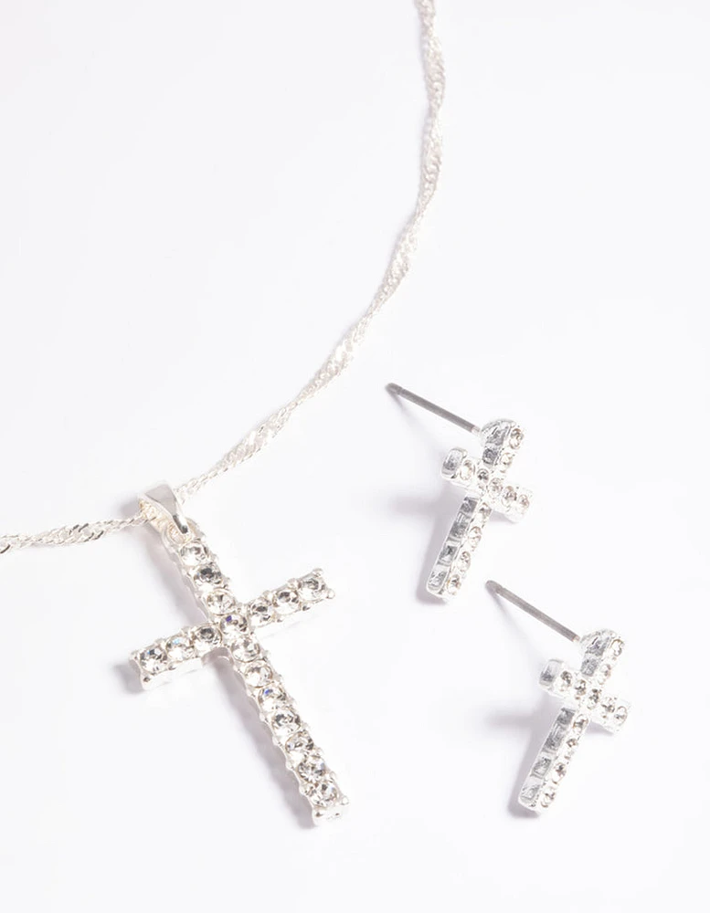 Silver Diamante Cross Necklace & Earrings Set