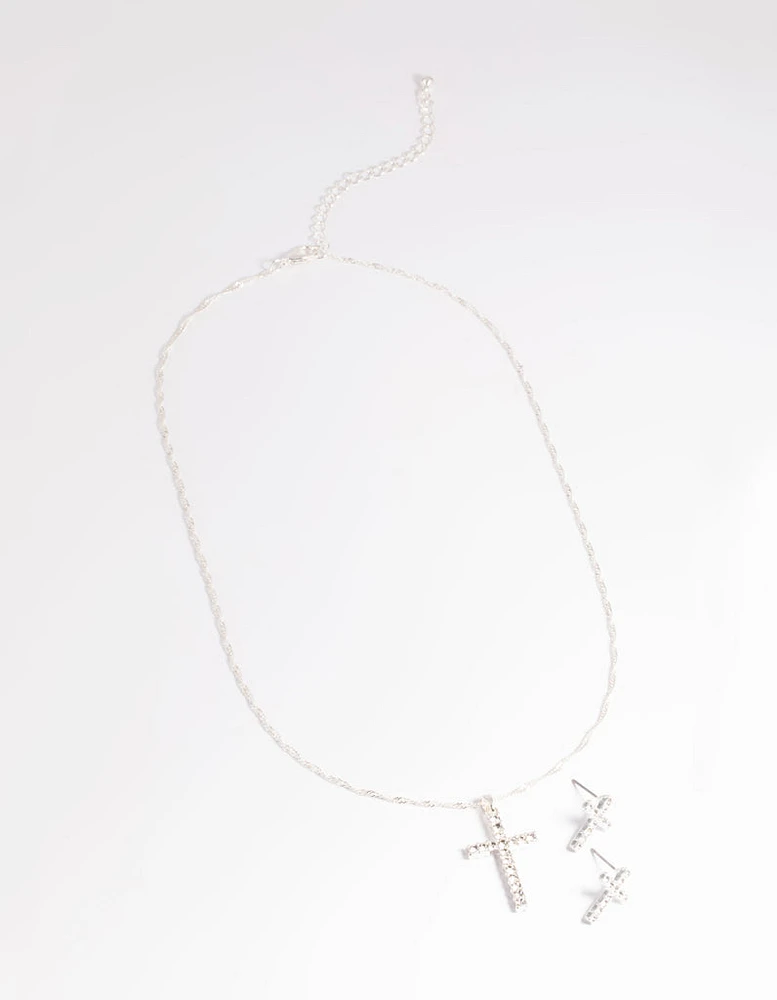 Silver Diamante Cross Necklace & Earrings Set