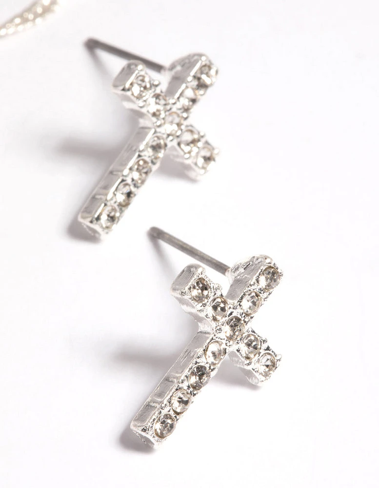 Silver Diamante Cross Necklace & Earrings Set