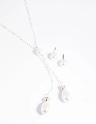 Silver Pearl Necklace & Earrings Set