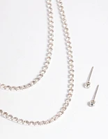 Silver Diamante Layered Necklace & Earrings Set