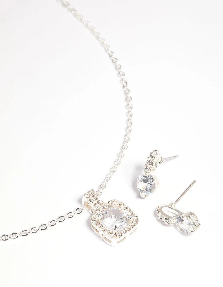 Silver Diamante Cushion Cut Necklace & Earrings Set