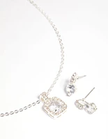 Silver Diamante Cushion Cut Necklace & Earrings Set