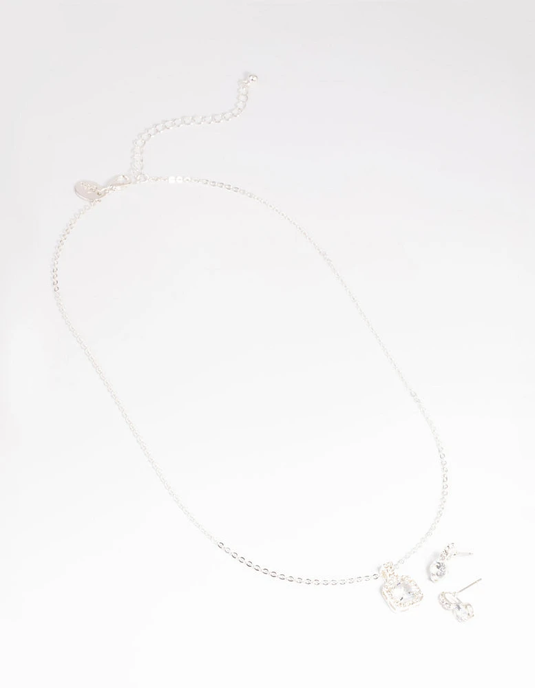 Silver Diamante Cushion Cut Necklace & Earrings Set