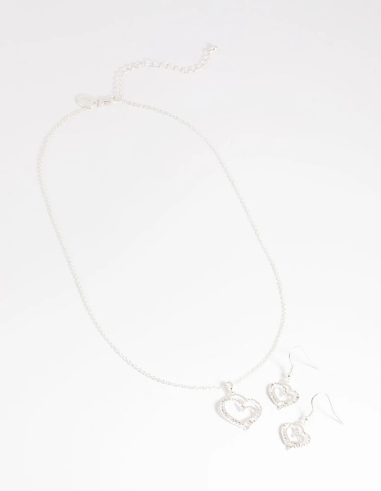 Silver Diamante Heart Necklace & Earrings Set