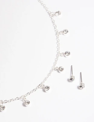 Silver Diamante Droplets Necklace & Earrings Set