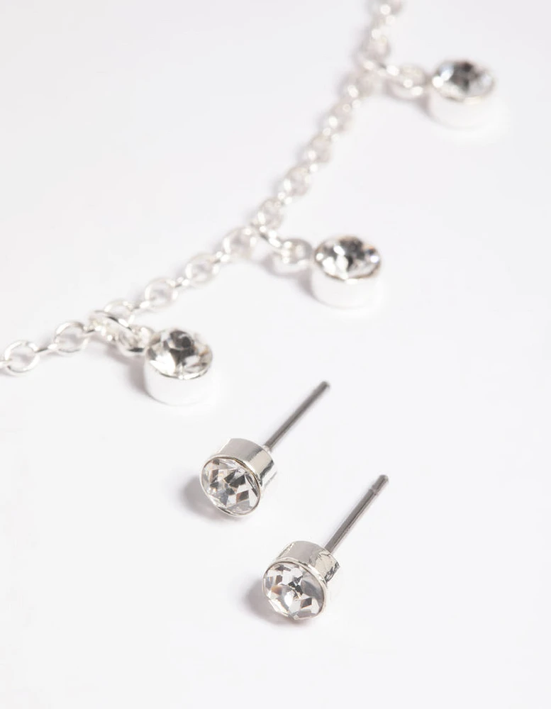 Silver Diamante Droplets Necklace & Earrings Set