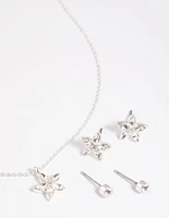 Silver Flower Necklace & Earrings Set