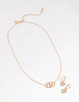 Gold Interlocked Heart Necklace & Earrings Set