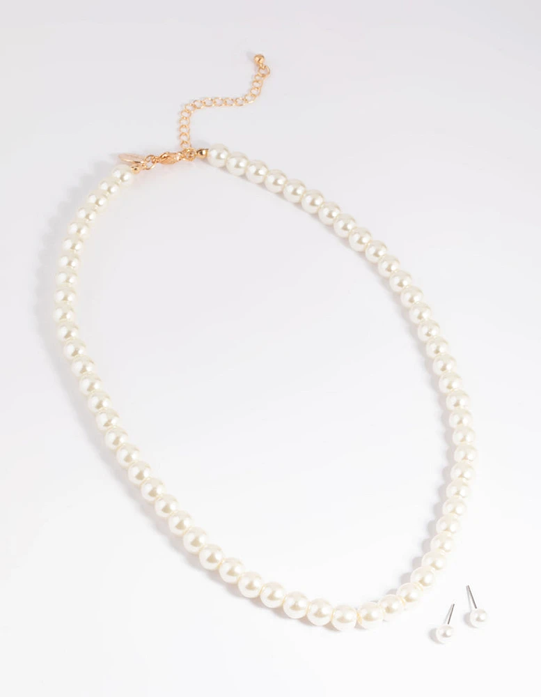 Gold Pearl Necklace & Earring Set