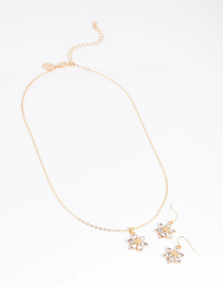 Gold Diamante Flower Necklace & Earrings Set