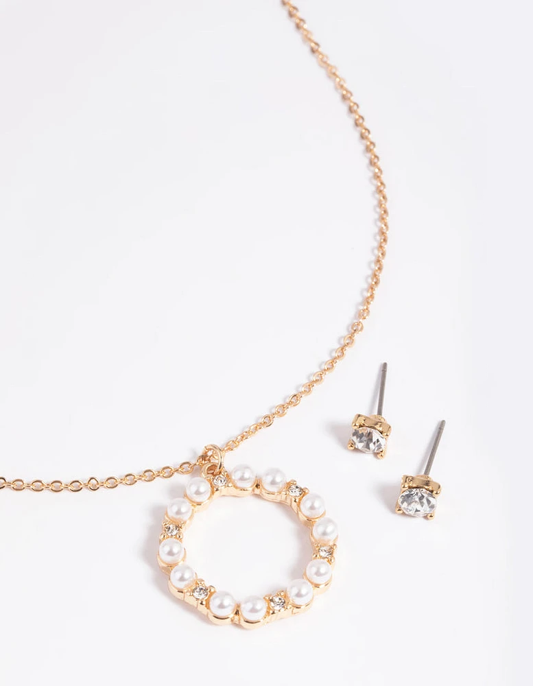 Gold Pearl Diamante Circle Necklace & Earrings Set