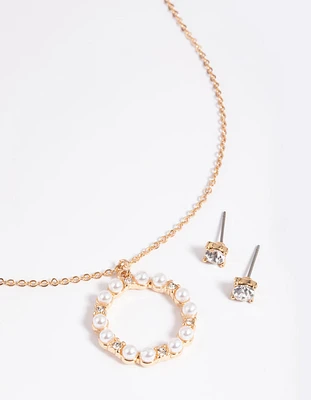 Gold Pearl Diamante Circle Necklace & Earrings Set