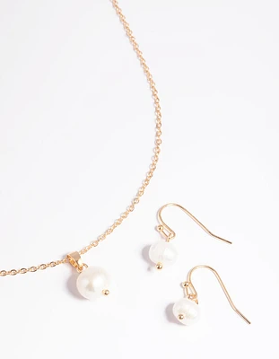 Gold Pearl Necklace & Earrings Set